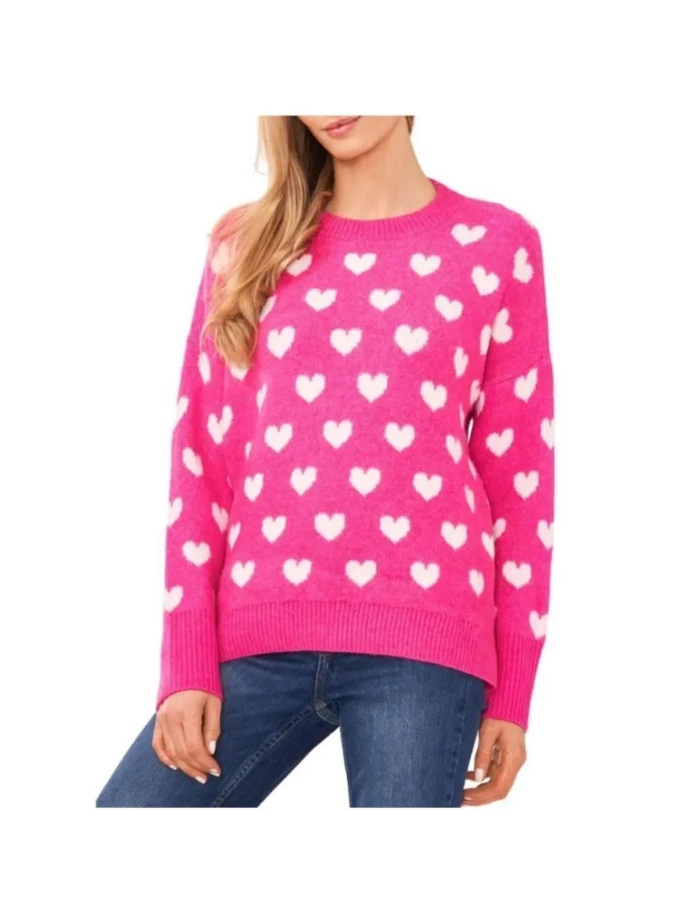 Vince Camuto Women's Hot Pink Hearts Soft Knit Sweater Size XXL